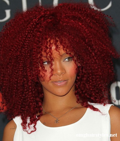rihanna hair red curly. Pop starlet Rihanna#39;s red